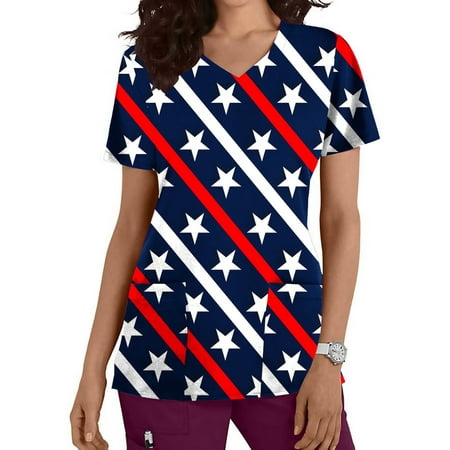 

EGNMCR Scrub Tops for Women American Flag Short Sleeve 4th of July Workwear V Neck Funny Holiday Medical Scrub Tops with Pockets - Summer Savings Clearance