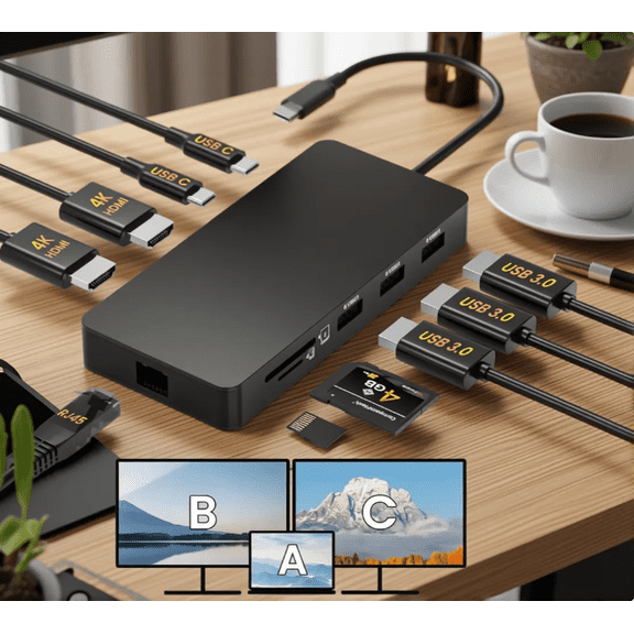 Laptop Docking Station Dual 4K HDTV Monitor, Fophmo USB C to 2 HDTV Splitter Extended Display, 1000Mbps LAN, USB A&C 3.0 Ports(10Gbps), SD/TF Card, 100W PD Charging, MacOS Only Mirrors Same Screen