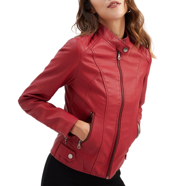 Chaqueta recortada para mujer, abrigo informal de piel sintética, ropa de calle Vintage Kuymtek Rojo T L para Mujer