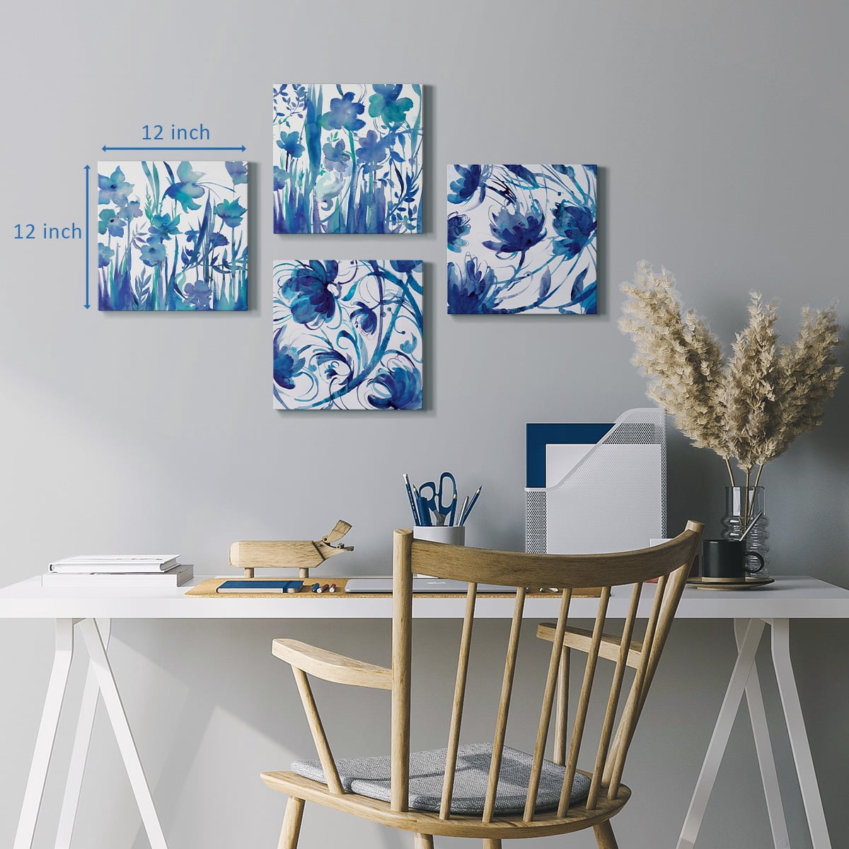 Bedroom Wall décor Blue Flower Wall Art 4 Pieces Set, 32 x 32 inches Each, Modern Abstract Painting Canvas Prints Artwork for Home, Office, Cabin, Guest Room