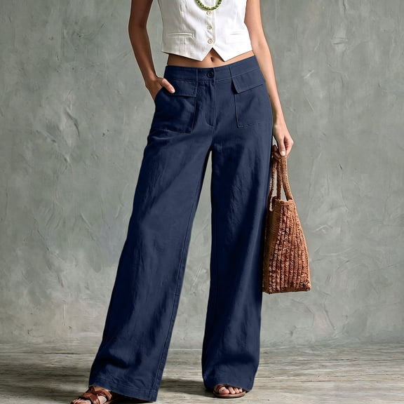 Women Casual Wide Leg Pants High Waist Straight Trousers Solid Color Palazzo Pants with Pockets Navy L