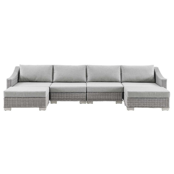 Lounge Sectional Sofa Chair Set, Rattan, Wicker, Grey Gray, Modern Contemporary Urban Design, Outdoor Patio Balcony Cafe Bistro Garden Furniture Hotel Hospitality