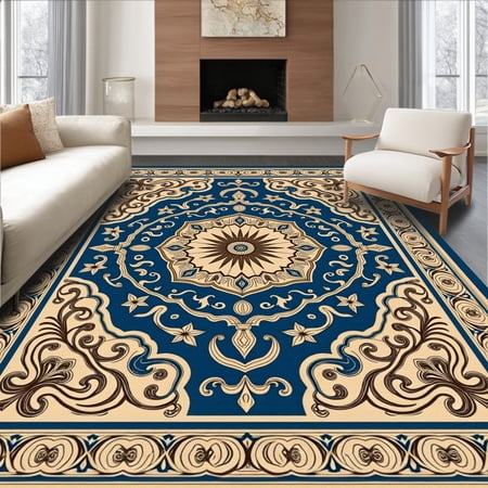 ODIKA 8'x10' Machine Washable Non-Slip Area Rug, Classic Oriental Motif with Intricate Swirls and Bold Details High Traffic Rug, Beige, 404528