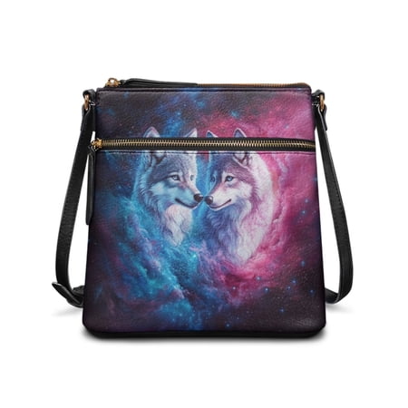 LedBack Wolf Galaxy Print Crossbody Purse Leather Shoulder Bag Women Satchel Handbag Purse with Zipper Pockets Portable Messenger Bag with Adjustable Strap Blue and Pink