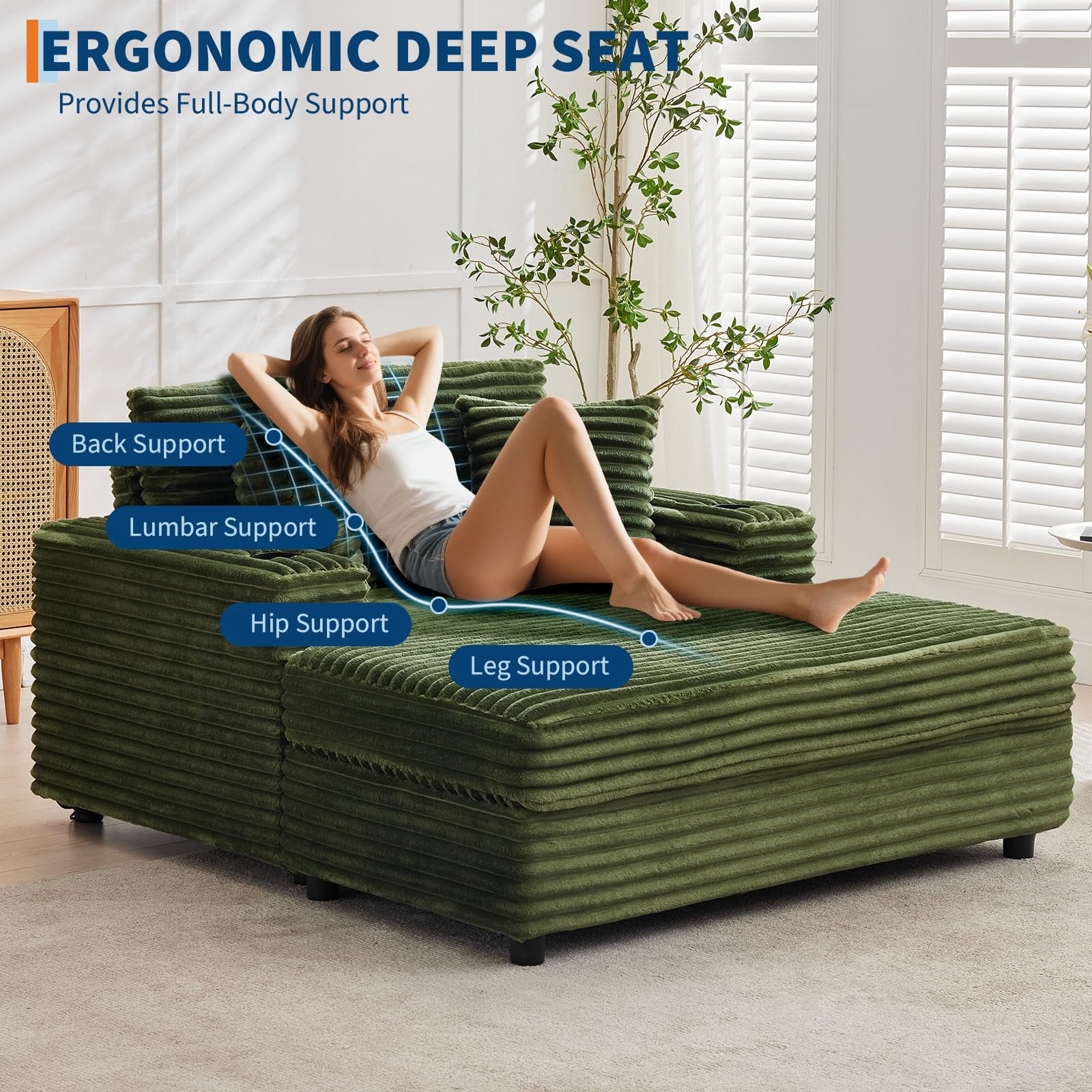 Oversized Corduroy Chaise Lounge Chair with Cup Holder & USB Charging Port, 54" Wide Plush Sofa with High-Density Foam & Supportive Springs for Living Room