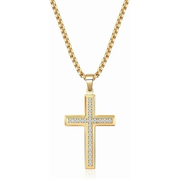 Cross Necklace for Men Women CZ 14k Gold Plated Stainless Steel Plain Simple Cross Pendant Necklace for Men