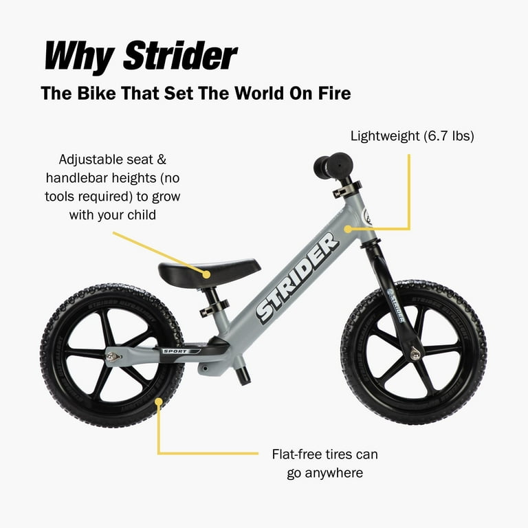 Strider 12” Sport Bike, Matte Gray - No Pedal Balance Bicycle for