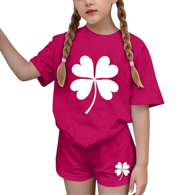 Vestido de manga corta para niños Día de San Patricio impreso conjunto de dos piezas niñas casual cuello redondo blusa y pantalones cortos
