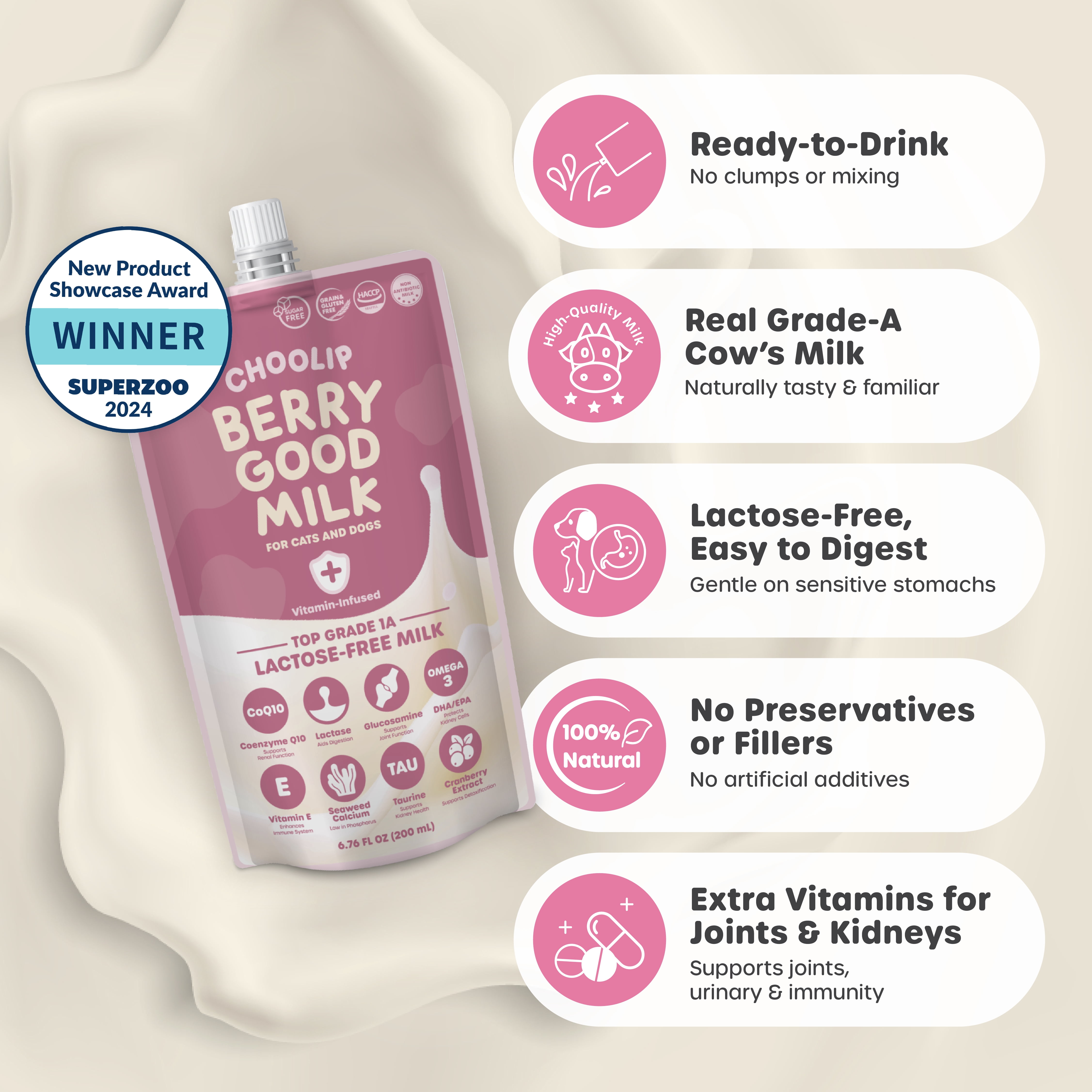 Choolip Berry Good Milk Lactose Free Vitamin Milk for Cats & Dogs, 67.6 fl oz (10 Pack)