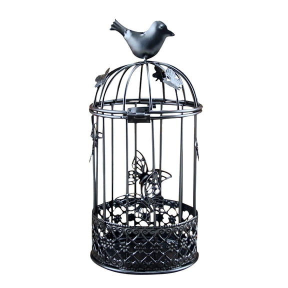 HCTSHG Vintage Bird Cage Candle Holder, Hollow Metal Stand with Butterflies, for Living Room, Rustic Home Decor and Wedding Centerpiece, Black Ornate Candle Stand for Tabletop Display