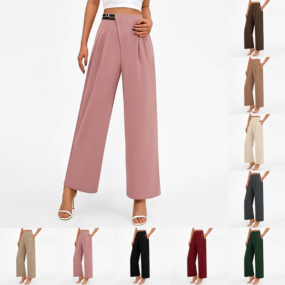LEBONYARD Khaki Pants for Women,Women's Fashionable High Waisted Business Casual Work Straight Leg Wide Leg Suit Pants with Pockets Brown S