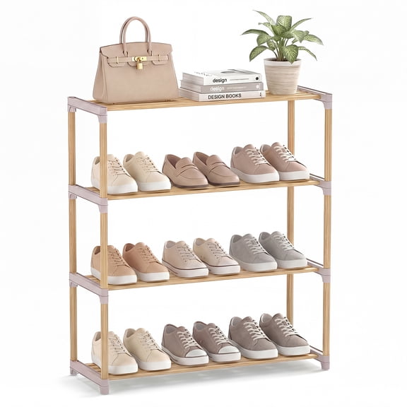 Patiojoy Solid Wood Shoe Rack 4-Tier Shoe Storage Organizer with Slatted Open Shelves