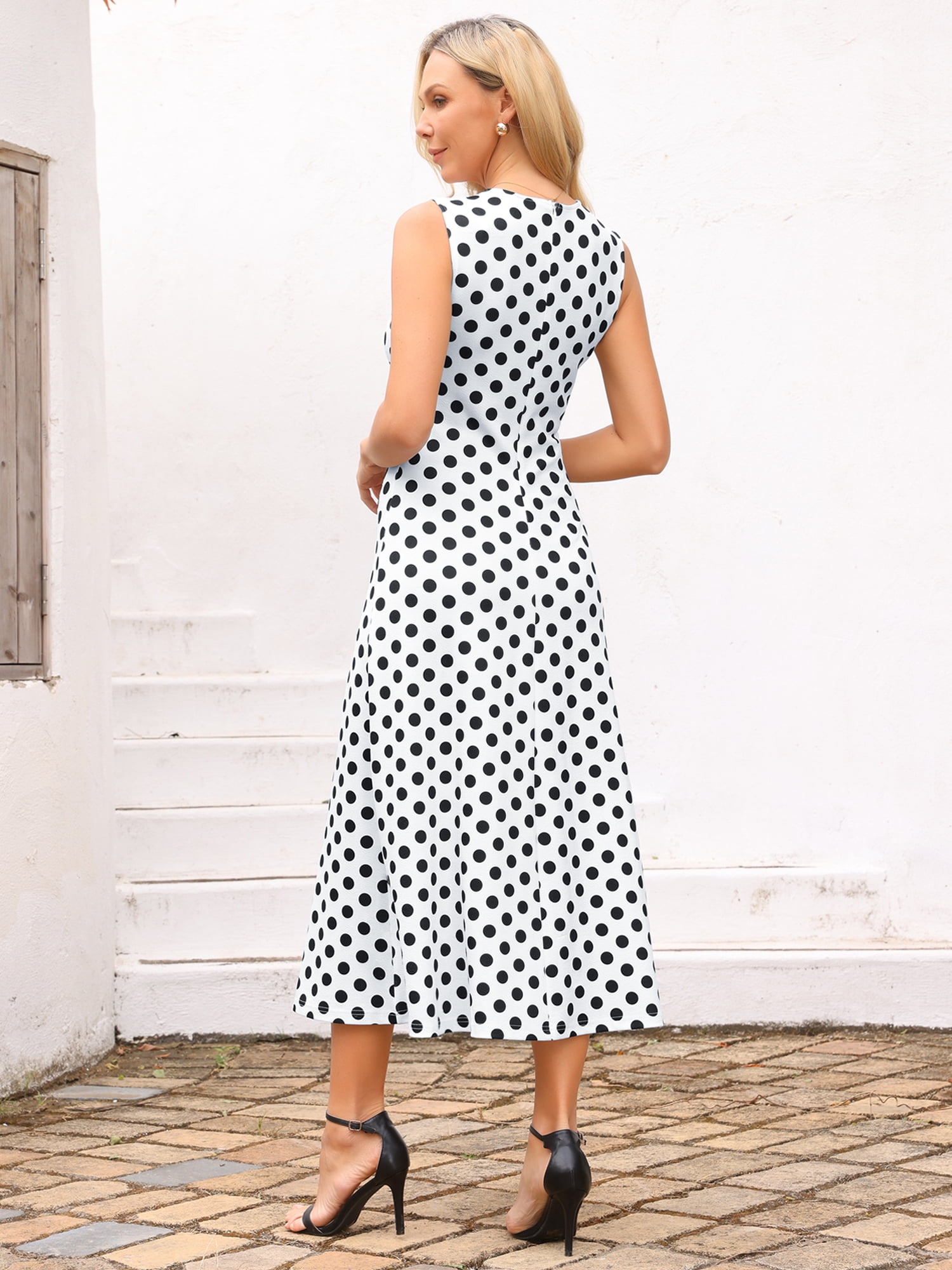 DARING DIVA Women's Polka Dots Sleeveless Sundress Vintage Crewneck Midi Dress M White