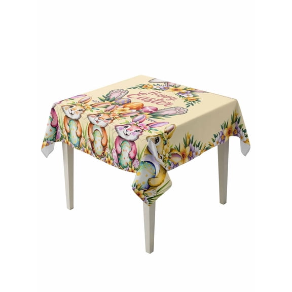 Happy Eatser Table Cloth, Waterproof Tablecloth for Square Tables, Colorful Bunny Eggs Spring Flowers Plants Yellow Reusable Washable Fabric Table Cover for Restaurant Kitchen Dining Tables 54"x54"