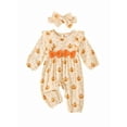 thumbnail image 2 of Elippeo Baby Girls Halloween Clothes 3 6 9 12 Months Long Sleeve Pumpkin Print Ruffle Jumpsuit with Headband, 2 of 9