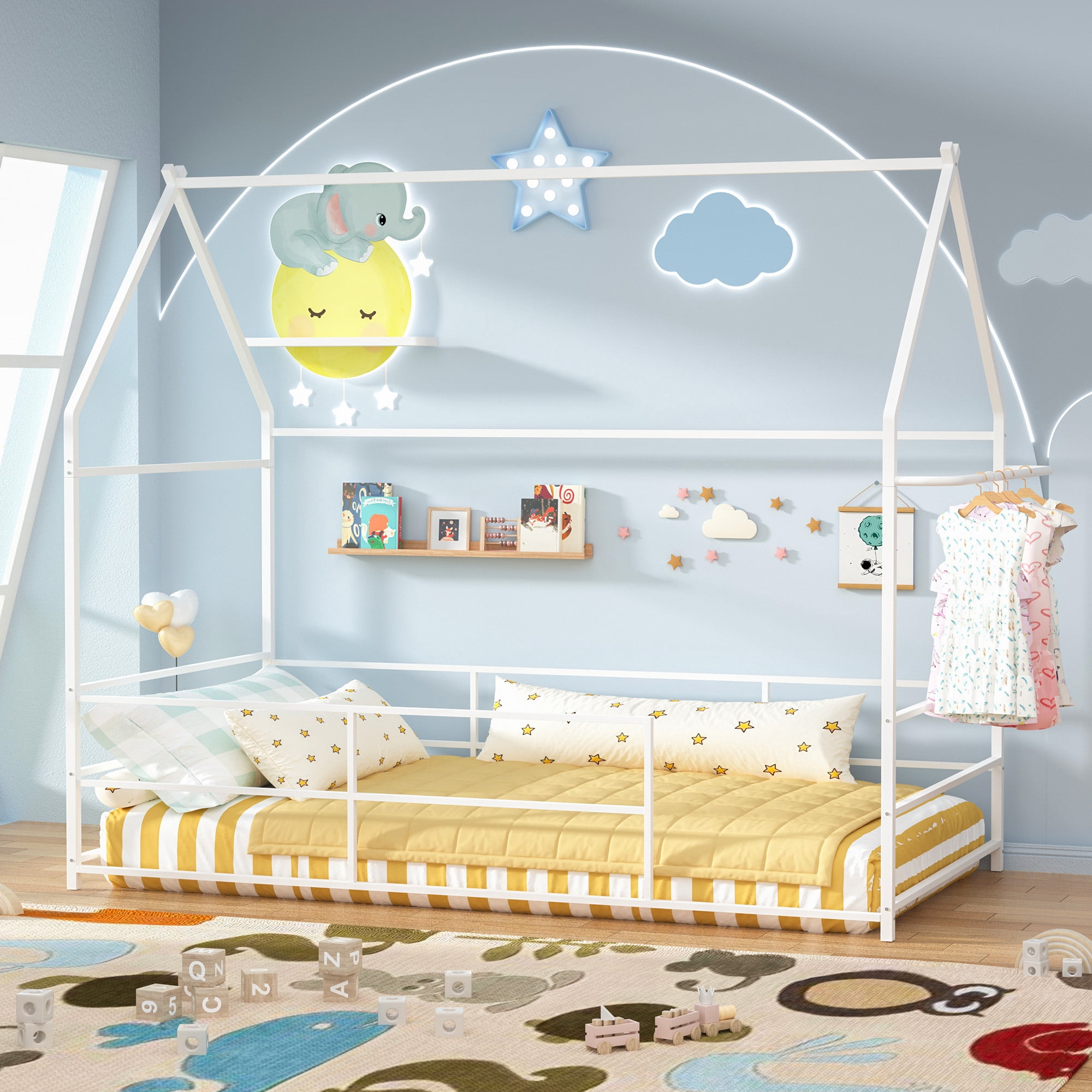 Joywind Twin Montessori Floor House Bed with Headboard, Footboard, Guardrails & Hanging Bar for Kids, Metal Bed Frame