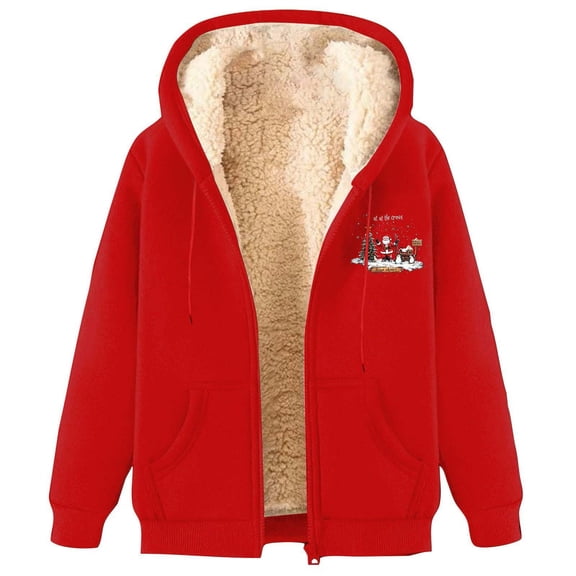 Christmas Hoodie Jackets For Women Front Zip Sherpa Xmas Print Lined Coat Thermal Casual Holiday Outwear With Pockets (XL, Red-L)