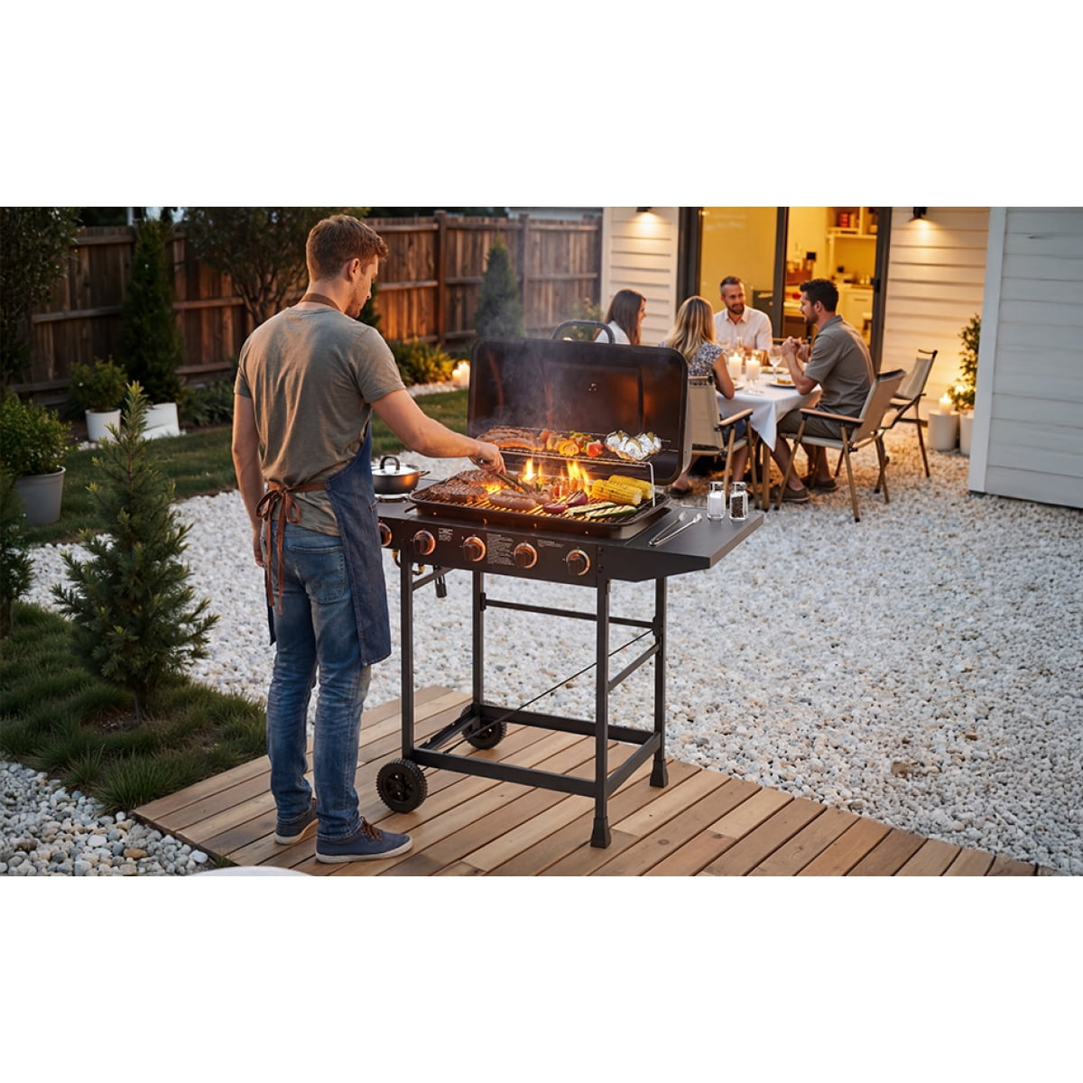 4 Burner BBQ Propane Gas Grill with Side Burner 42000 BTU Output Stainless Steel Barbecue Grill with Enamel Coated Grates and Side Tables for Outdoor Cooking Kitchen and Patio Backyard