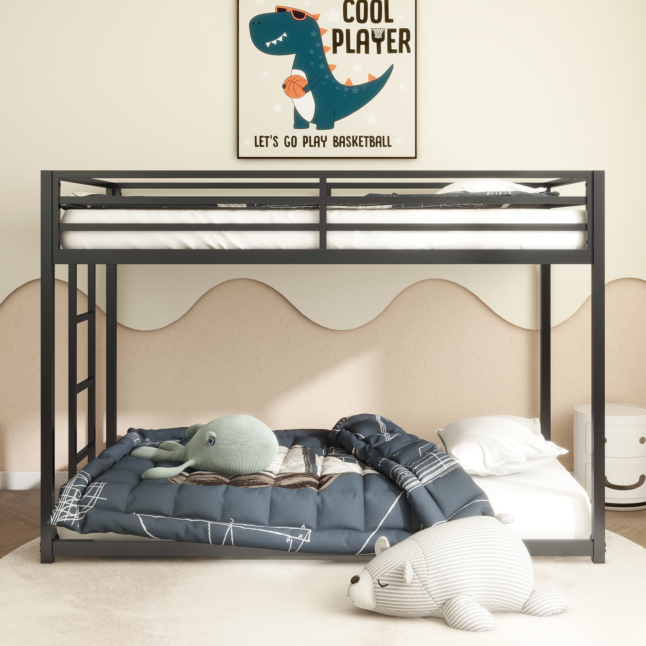 Sturdy Twin Over Twin Bunk Bed Metal Black For Kids And Adult, Low Profile Twin Over Twin Bunk Bed With Ladder And Guardrails, Easy Climbing, Beds For Bedroom