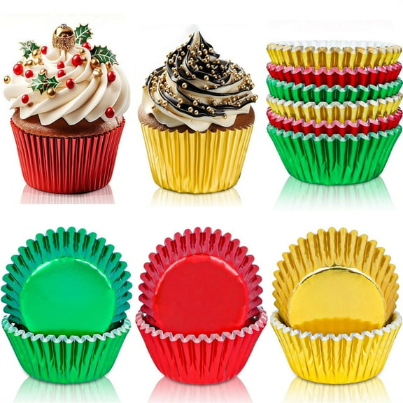 Scheam Foil Muffin Cups for Christmas,300 Pcs Red Green Gold Metallic Cupcake Liners,2inch Mini Kitchen Baking Holders for Dessert Candy Chocolate,Home Holiday Party Supplies