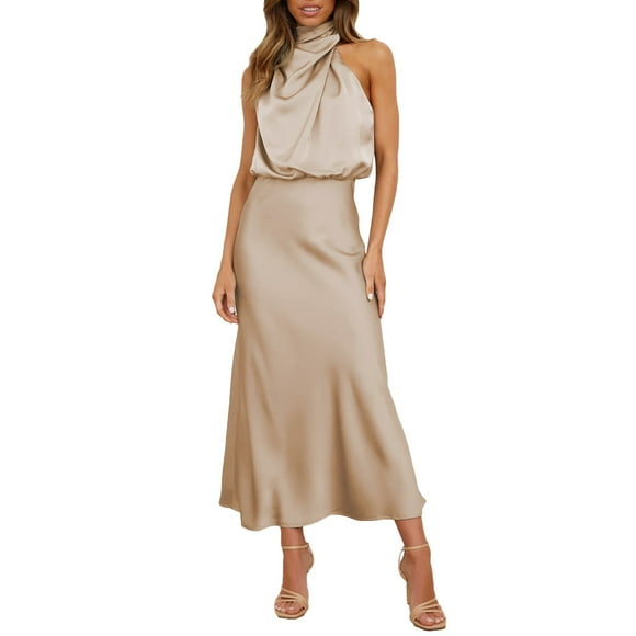 Kcodviy Women's Summer Long formal Rec Dress for Women Satin Dress Mock Neck Party Ware Gowns for Women Sleeveless Side Slit Flowy Womens Dresses Summer Wedding Guest Maxi Tank Dresses