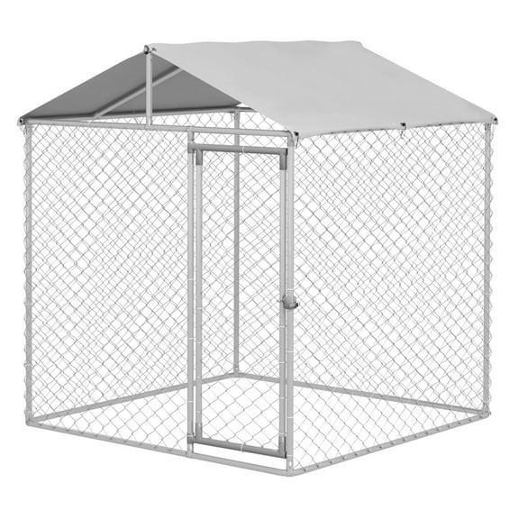 Outdoor Dog Kennel 6.6x6.6x7.8ft, Waterproof Dog Cage for Small Medium Dogs up to 44lbs, Silver Galvanized Steel Kennel w/Roof