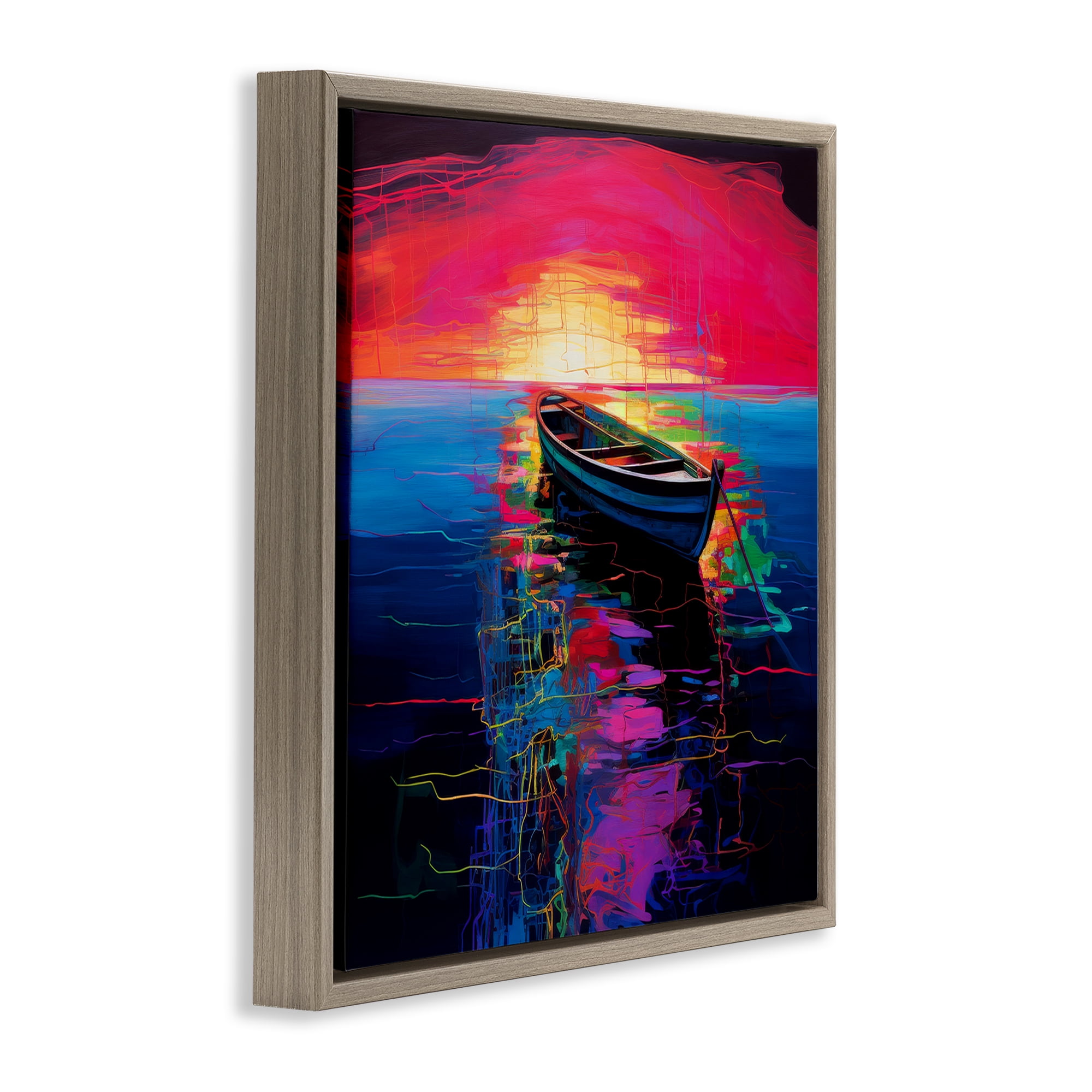 Stupell Industries Boat in Bold Sunset Transportation Painting Brown Floater Framed Canvas Art Print Wall Art, 18 x 18