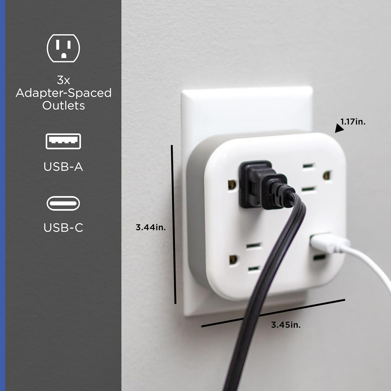 JJEAN-UltraPro 3-Outlet Surge Protector Wall Tap, 980J, USB-C & USB-A Ports, Adapter-Spaced Outlets, Circuit Breaker, ETL Certified, Low-Profile Design, White, 85875