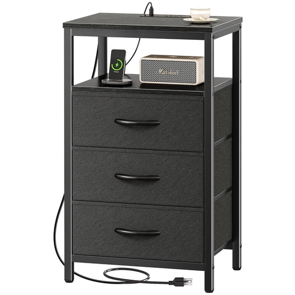 Nightstand with Charging Station, Bedside Table with 3 Fabric Drawers and USB Type C Ports AC Outlets, Adjustable Feet and Light Strip, Black Bedroom Furniture for Dorm Living Room
