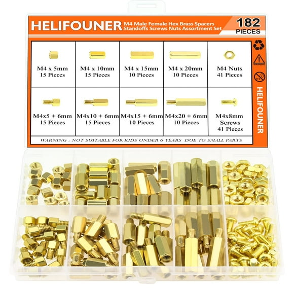Helifouner 182 Pieces M4 Male Female Hex Brass Spacers Standoffs Screws Nuts Assortment Kit Threaded Pillar For Printed Circuit Board Motherboard