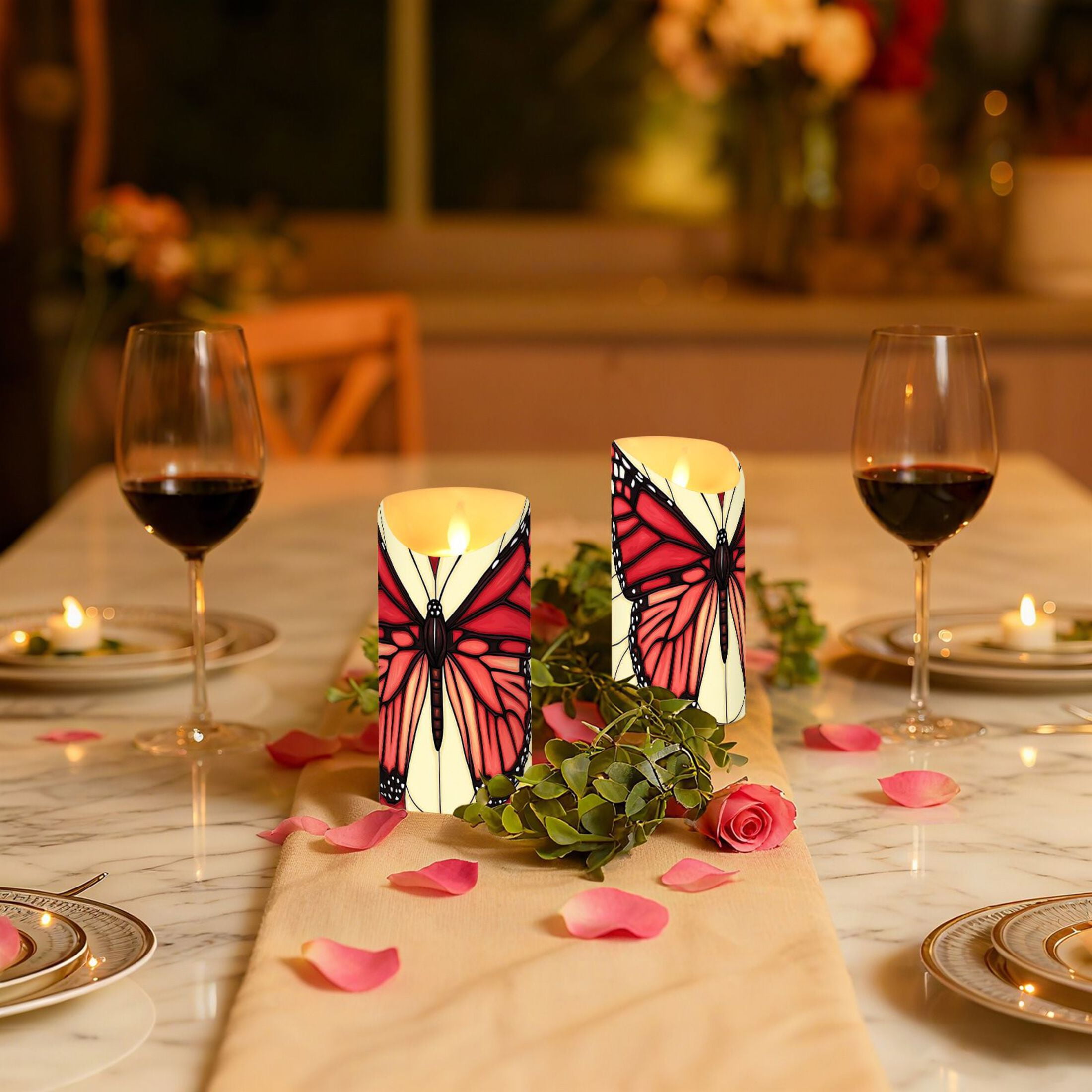 Stained Glass Butterfly Pattern Flameless Candles 2 PCS with Remote Realistic Moving Flame LED Tapered Pillar Set for Home Decor
