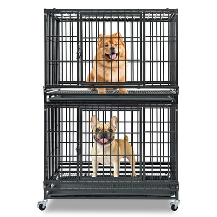 Homey Pet Stackable 2-Tier 36 Inch Dog Crate, Heavy Duty Dog Cage Escape Proof Collapsible Kennel with Open Top, Lockable Wheels, Removable Tray & Grid for Medium/Small Dogs