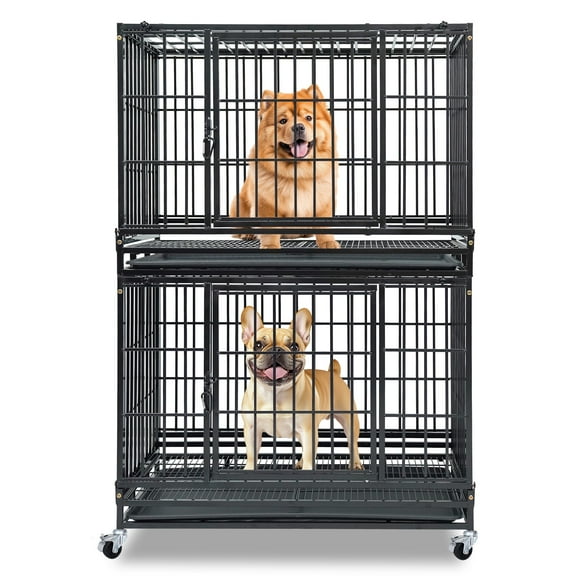 Homey Pet Stackable 2-Tier 36 Inch Dog Crate, Heavy Duty Dog Cage Escape Proof Collapsible Kennel with Open Top, Lockable Wheels, Removable Tray & Grid for Medium/Small Dogs