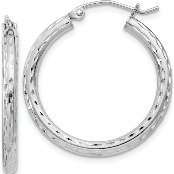 Sterling Silver Rhodium-Plated 2.5mm Diamond-Cut Hoop Earrings (27 X 25) Made In Mexico qe3534