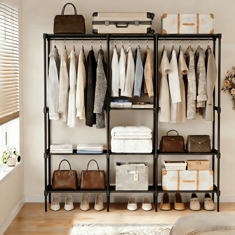 Simple Deluxe Clothes Rack, Heavy Duty Clothing Rack, 4-Shelf Portable Adjustable Wardrobe Closet with Hanging Rods, 74.2" W x 15.5" D x 77.1" H, Black