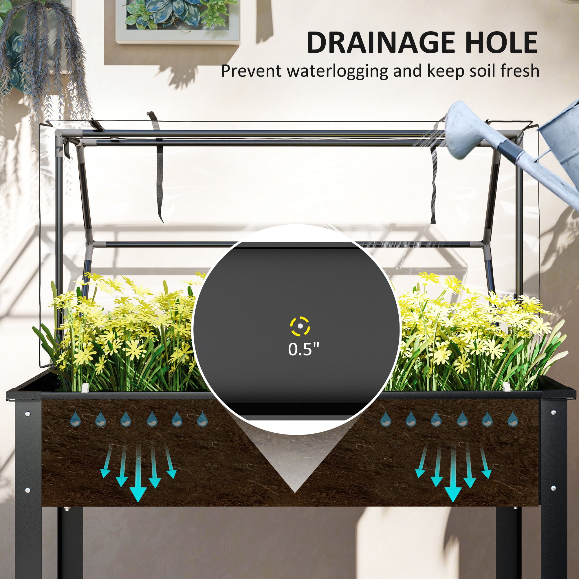 Outsunny Raised Garden Bed with Greenhouse Cover, Elevated Garden Box with Legs and Drainage Hole for Vegetables, Black