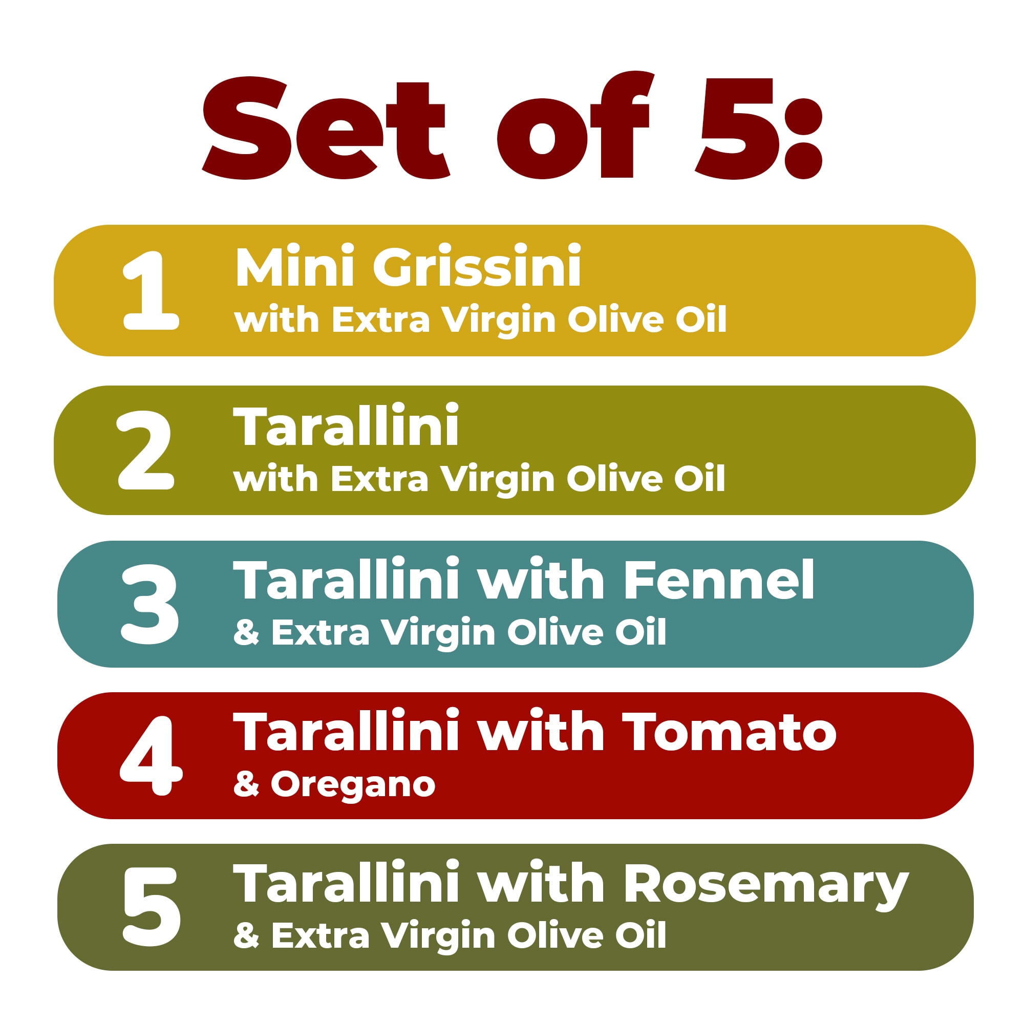 For Alle Gluten-Free Tarallini and Mini Grissini Bundle, Set of 5 – Traditional Italian Pugliese Snack with Extra Virgin Olive Oil, Fennel, Rosemary, Tomato and Oregano. Oven-Baked. Vegan