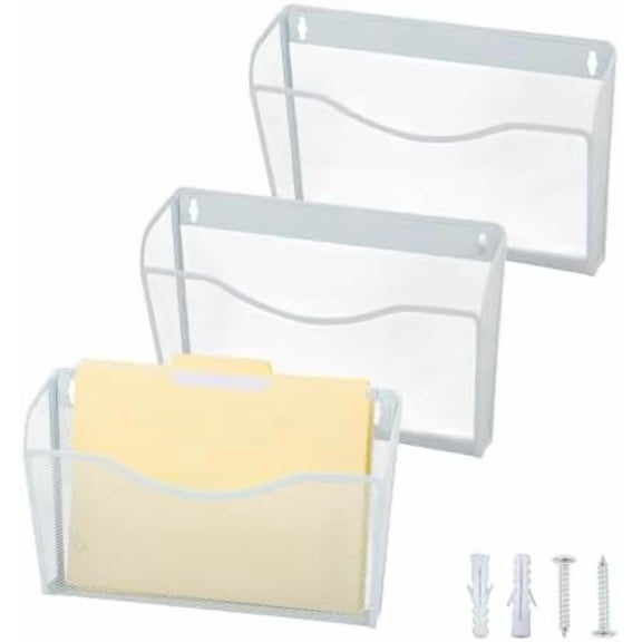 3 Single Pocket Mesh Hanging File Organizer, Vertical Wall Mounted Magazine File Holder, Mount Basket Mail Paper Document Folder Organizing for Office, Home and School, White