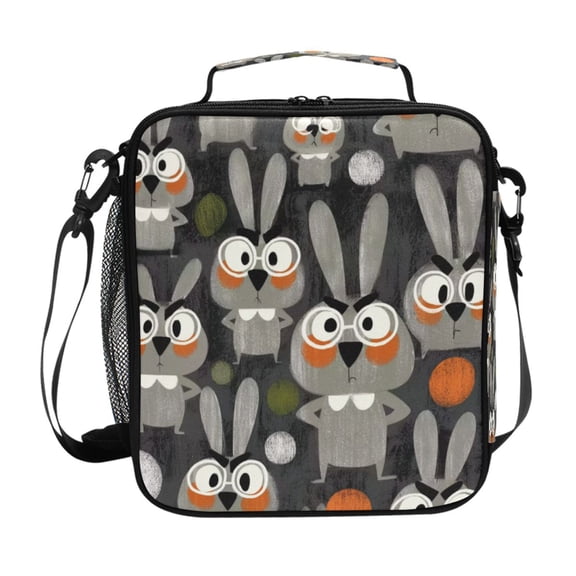 Square Insulated Lunch Bag Reusable Thermal Lunch Box Tote Cooler Bag with Side Mesh Pocket Grey Rabbit Wearing Glasses