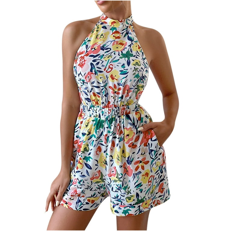 SELONE Womens Jumpsuits and Rompers Rompers for Women Halter Backless  Casual Sleeveless Slim Fit Printed Leg Jumpsuit Rompers for Everyday Wear