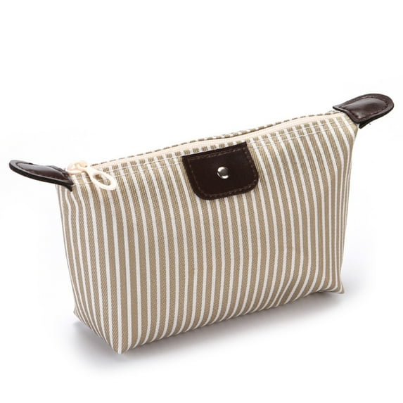 Women Makeup Bags Stripe Purse Zipper Pouch Folding Waterproof Makeup Handbag Beige stripe