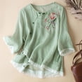 thumbnail image 2 of OSOLU Solid Color Women Placket Short Sleeve Flax Buckle Design Embroidered 3/4 Sleeve Ethnic Style Tops T-Shirt Tee Soft Dailywear, 2 of 3