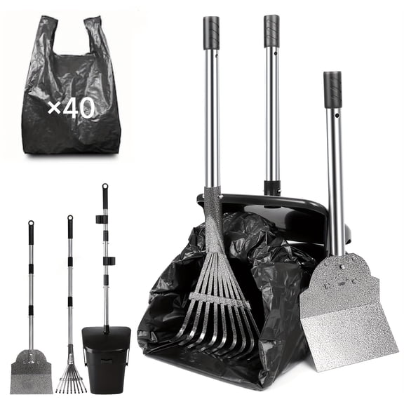 Dog Pooper Scooper - 37.4" Long Handle Adjustable Metal Swivel Bin & Rake & Spade Kit With 20 Waste Bags, Portable Pooper Scooper For Gravel Lawn Grass, Suit For Small Medium Large Dog
