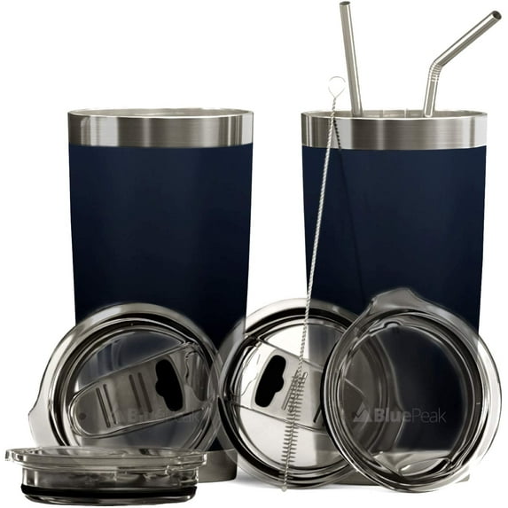 BluePeak Double Wall Stainless Steel Vacuum Insulated Tumbler Set, 2-Pack, 20 oz, Navy