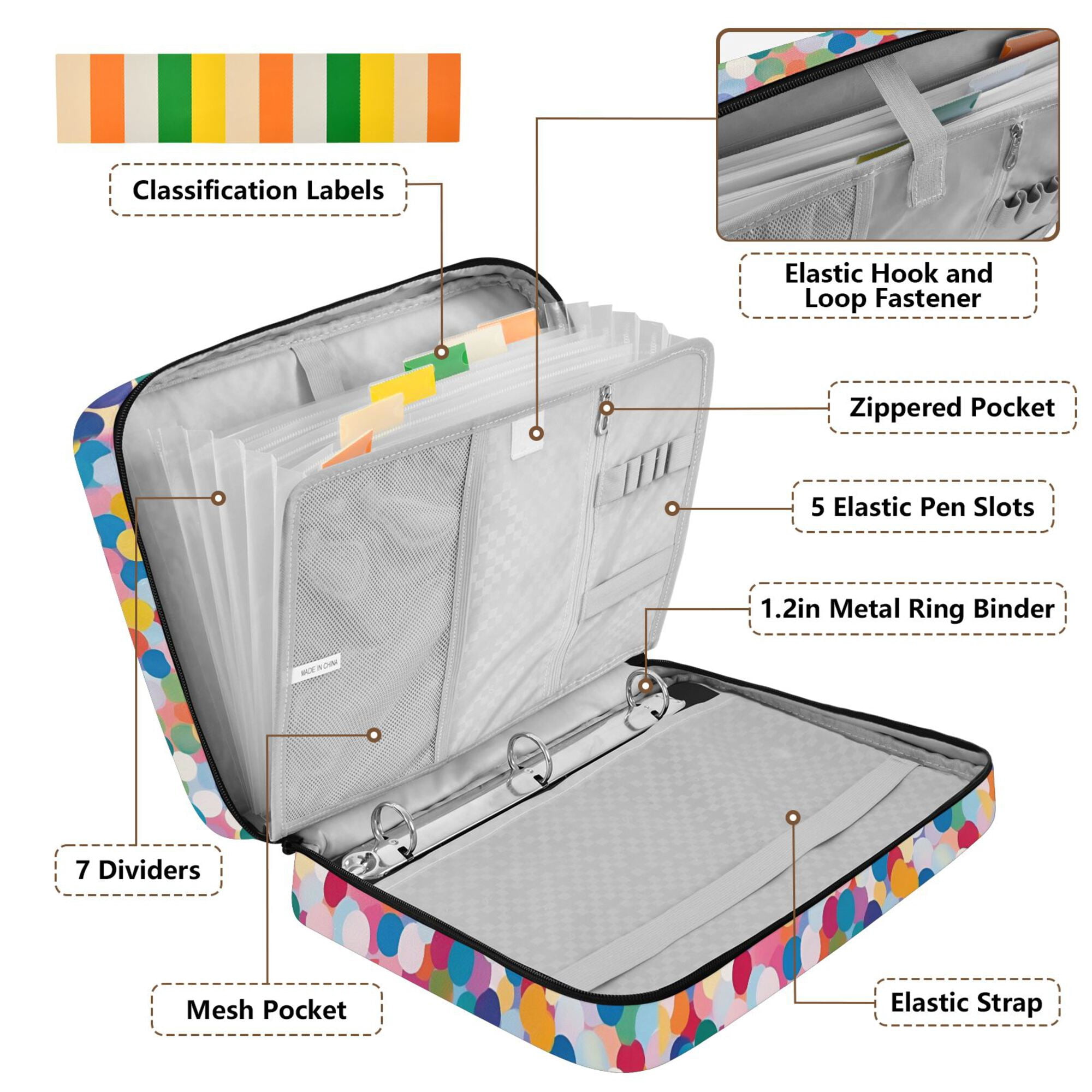 FORMRS Accordion File Folder A4 Size 7-Pocket Expanding Document Organizer Bag with 3 Ring Binder, Yellow Colorful Circles