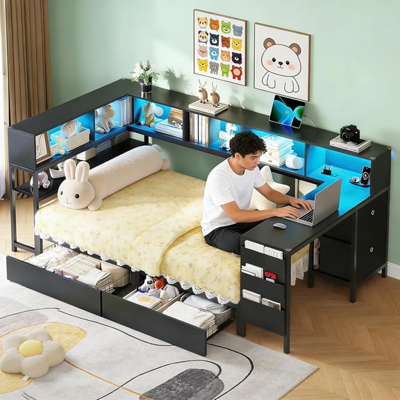 Base de Cama Individual, con Estación de Carga Y Luces RGB LED, Marco de Cama Esquinero con Escritorio, 2 Cajones de Almacenamiento, Bolsa de Almacenamiento (Negro, Individual/Twin)