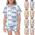 thumbnail image 5 of SGMVNU Girls Pajamas Silk Set Cute Bow Print Satin Sleepwear Short Sleeve Jammies for Kids Button-Down Nightwear Two Piece Outfit Size 12-13 Years Khaki, 5 of 5