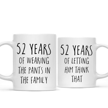 

Funny 52nd Wedding Anniversary Couples Coffee Mug Gag Gift 52 Years of Wearing the Pants in the Family Letting Him Think That 2-Pack with Gift Box for Husband Wife Parents 11oz