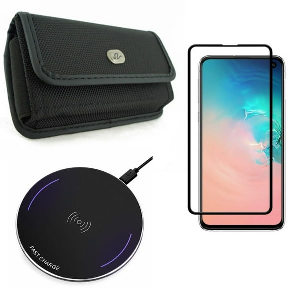 Galaxy S10e Screen Protector w Wireless Charger w Case Belt Clip - Tempered Glass 5D Curved Edge, Fast 7.5W and 10W Charging Pad, Rugged Holster Canvas for Samsung Galaxy S10e Phone