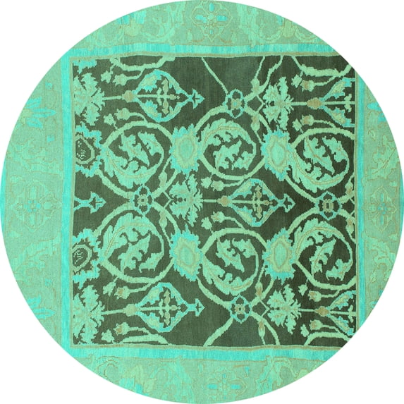 Ahgly Company Machine Washable Indoor Round Abstract Turquoise Blue Modern Area Rugs, 3' Round